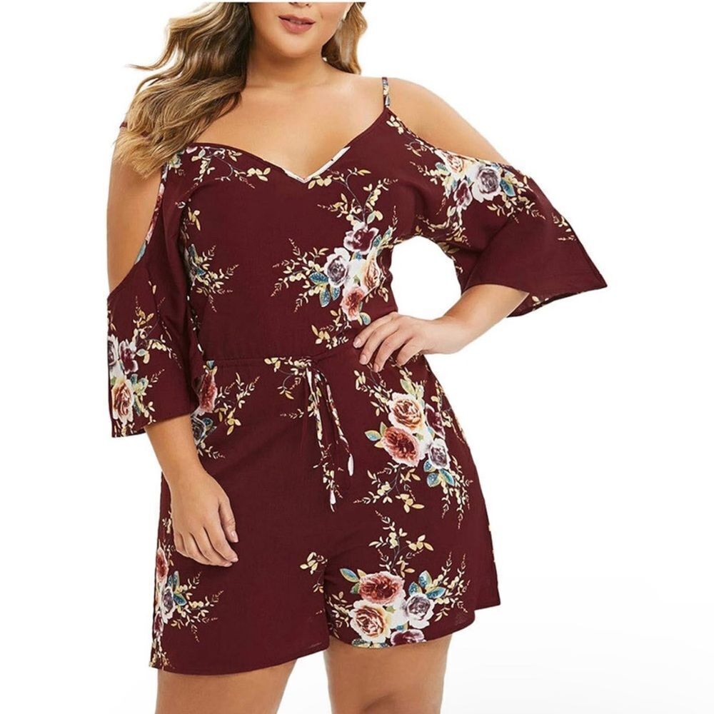 Women Plus Jumpsuit Casual V-Neck Leakage Shoulder flowers Loose boho Romp 4XL.